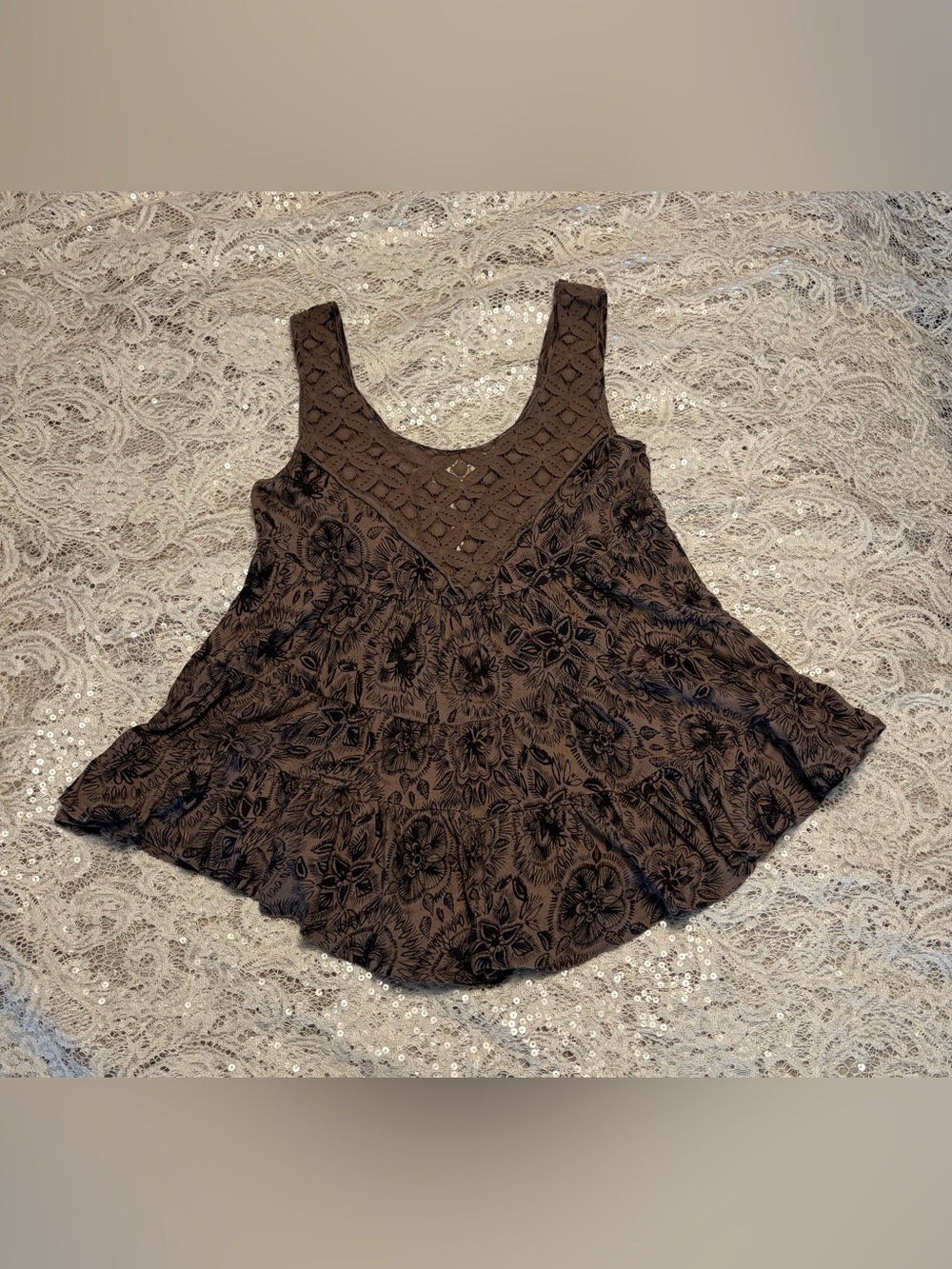 Free People Pre-loved Women’s Brown Floral Crochet Yoke Tank Size SP